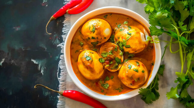  Indian-style Egg Curry presented in a white bowl on a grey background