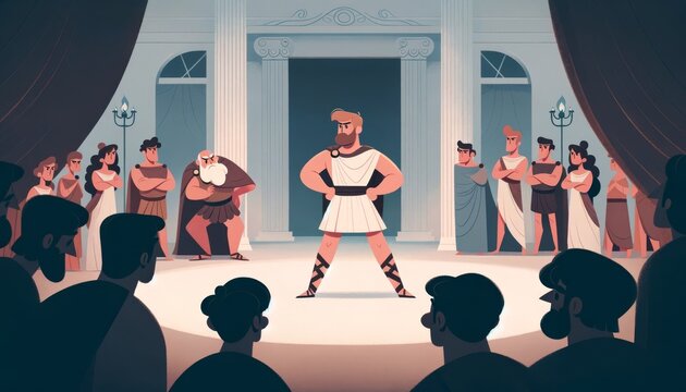 A whimsical, animated-style illustration of Telemachus standing confidently as he confronts the suitors who have overrun his home.