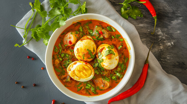  Indian-style Egg Curry presented in a white bowl on a grey background