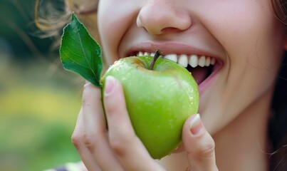 Close-up of a smiling woman enjoying a crisp green apple, a symbol for health and natural diet