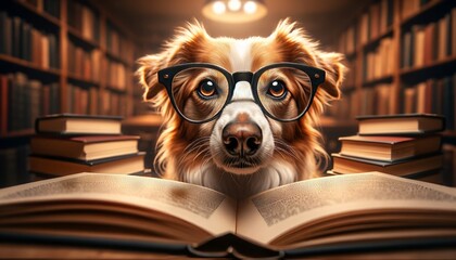 A close-up, minimalist image of the same dog wearing a pair of stylish reading glasses.