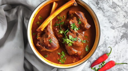 Lamb shank curry, a famous Indian main course, served elegantly on a white bowl