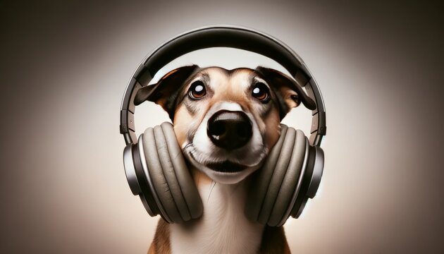 A close-up, minimalist image of the same dog with oversized headphones casually draped around its neck.
