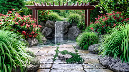 Landscape design emphasizing waterfalls and greenery, showcasing the tranquility and beauty of well-crafted garden spaces with natural elements
