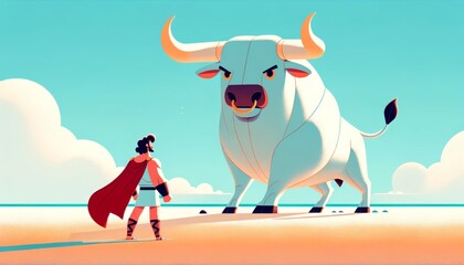 A whimsical, animated art style image depicting Heracles standing face-to-face with the mighty Cretan Bull, ready to subdue it. - obrazy, fototapety, plakaty
