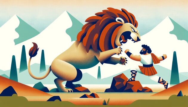 A whimsical, animated art style image depicting Heracles wrestling with the fierce Nemean Lion.