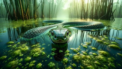 A close-up image of a snake gliding through a swamp, with only part of its body visible above the water surface. - obrazy, fototapety, plakaty