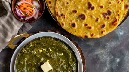 Makki ki Roti Sarson ka Saag, a famous Punjabi dish served on a metal plate, accompanied by clarified butter, top view on a white background. - obrazy, fototapety, plakaty
