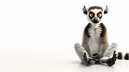 A cute and cuddly lemur is sitting on a white background. The lemur is looking at the camera with...