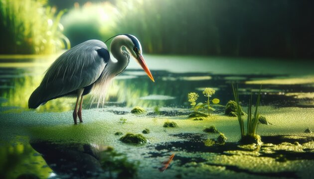 A close-up image of a heron standing still in shallow, algae-filled waters, hunting for fish.