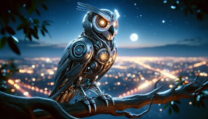 A detailed, focused image of a futuristic robotic owl perched on a branch.