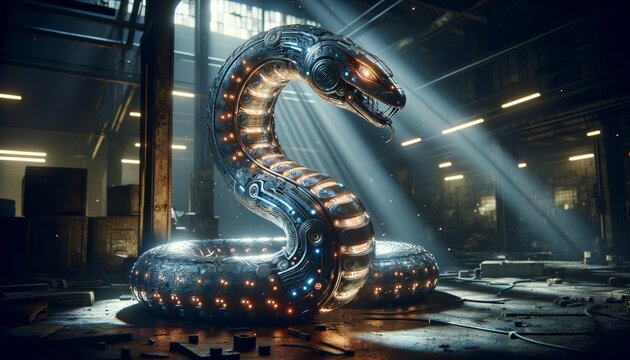 A detailed, focused image of a robotic snake coiling around a rusted post in a deserted factory.