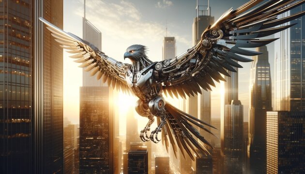 A detailed, focused image of a cyborg eagle in flight, with its metal wings spread wide.