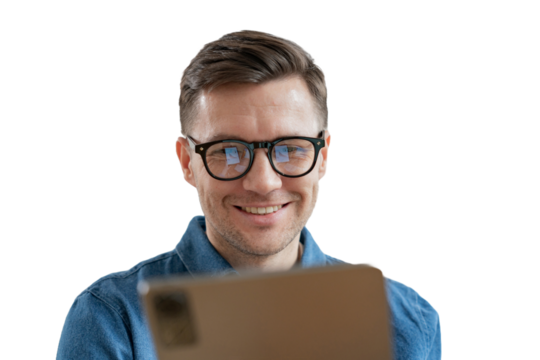 A close portrait of a positive manager with glasses uses a tablet, transparent isolated background. - Powered by Adobe