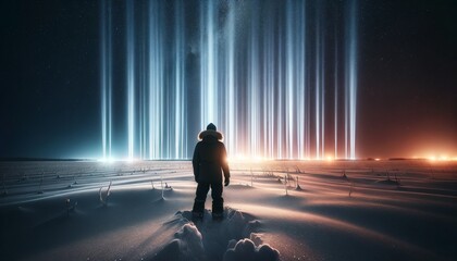 A detailed medium shot capturing a person standing in a snow-covered field, looking up in awe at the magnificent light pillars emanating from the city.