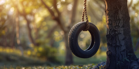Serenity with Hanging Tire Swing, copy space. Empty tire swing hangs from a tree, evoking nostalgic summer days, childhood. - obrazy, fototapety, plakaty