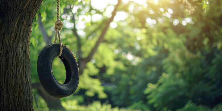 Serenity with Hanging Tire Swing in sunshine, copy space. Empty tire swing hangs from a tree, evoking nostalgic summer days, childhood.