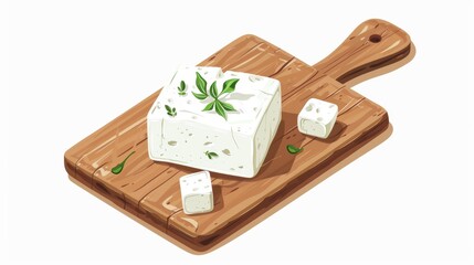 Feta cheese on a wooden board illustration on a white background