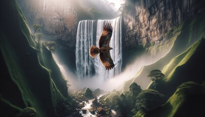 A medium shot of a bird flying past the waterfall, with the sheer cliff in the background. - obrazy, fototapety, plakaty