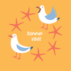 Vector summer card with seagulls and starfish - 765633579