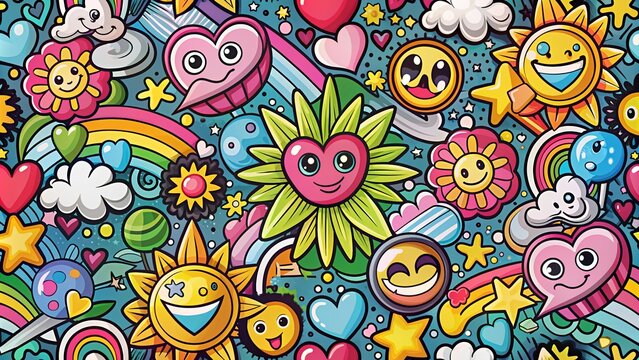 Groovy spring seamless pattern in art graffiti and 90s style for kids, background