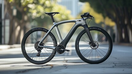 The image is of a sleek and stylish electric bicycle. It has a matte black finish and a unique design that sets it apart from other e-bikes.