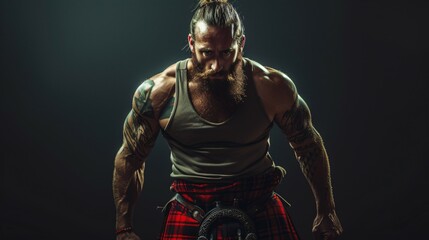 Fototapeta na wymiar A muscular man with a beard and tattoos wearing a kilt and sporran.