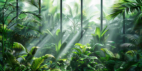 Lush tropical jungle panorama, showcasing dense green foliage and the serene beauty of a secluded forest environment - obrazy, fototapety, plakaty