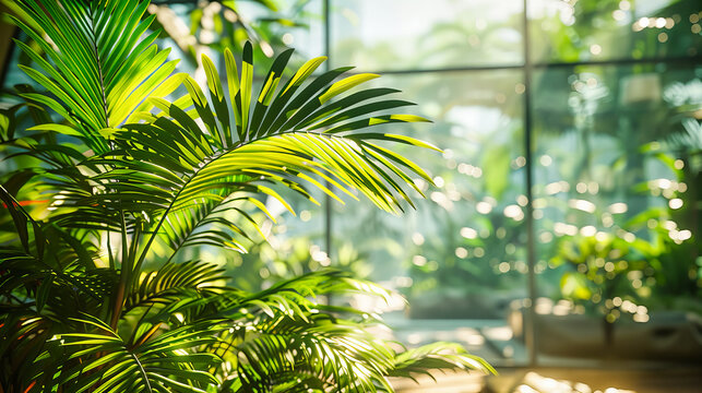 Lush tropical greenhouse showcasing vibrant greenery and exotic plants, bathed in sunlight for a fresh, natural feel