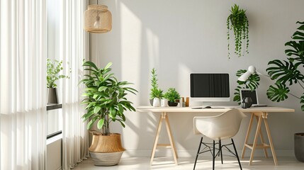 A bright and airy home office with a large window, a desk, and a comfortable chair. The desk is decorated with a few plants and a lamp.
