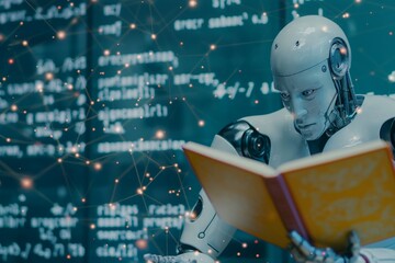 robot reading book and solving math data analytics, concept of future mathematics artificial intelligence