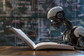 Fototapeta premium robot reading book and solving math data analytics, concept of future mathematics artificial intelligence