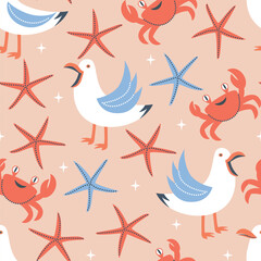 Vector seamless summer pattern with seagulls, crab and starfish - 765633951