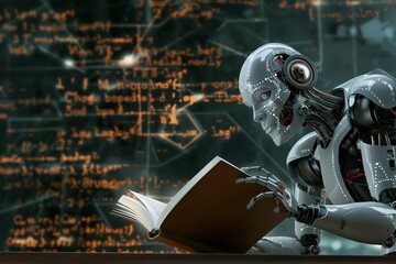robot reading book and solving math data analytics, concept of future mathematics artificial intelligence