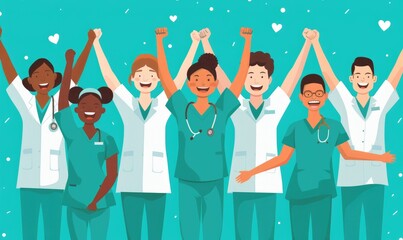 Diverse group of medical professionals cheering and celebrating together