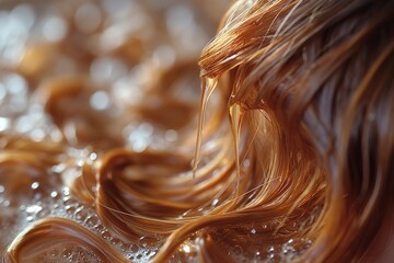 Nourish hair of shampoo or serum, oil for curly hair. Repair damaged hair concept - obrazy, fototapety, plakaty