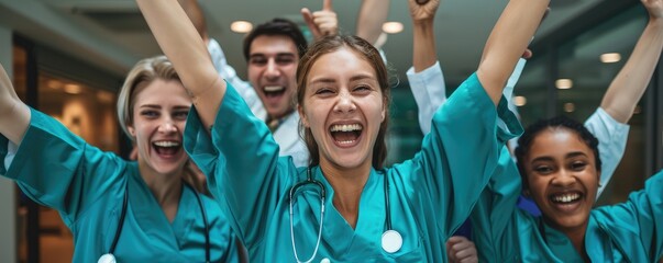 Diverse group of medical professionals cheering and celebrating together