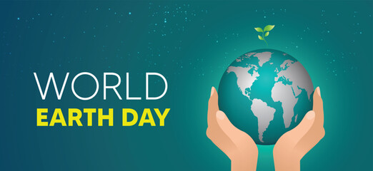 World earth day 22 April hand holding earth with green leaf vector poster