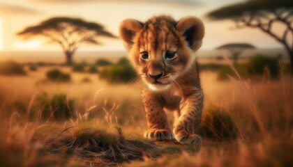 A detailed and focused image of a young lion cub, curiously exploring its surroundings with a...