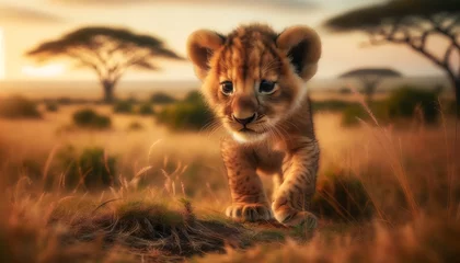 Foto op Aluminium A detailed and focused image of a young lion cub, curiously exploring its surroundings with a blurred savanna background. © FantasyLand86