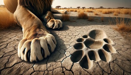 A detailed and focused image of a lion’s paw next to its paw prints in the dry earth, showcasing the size and power of the animal.