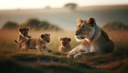 A detailed and focused image of a lioness lying in the grass, watching over her playful cubs in the early morning light. - obrazy, fototapety, plakaty