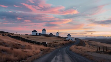 Rural road leading to a serene farmland at sunset. Picturesque countryside landscape with silos and soft skies. Ideal for calm and tranquil imagery. AI