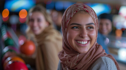 Fototapeta premium Diverse group of friends at bowling center, smiling.