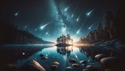 A serene lake at night under a brilliant meteor shower. - obrazy, fototapety, plakaty