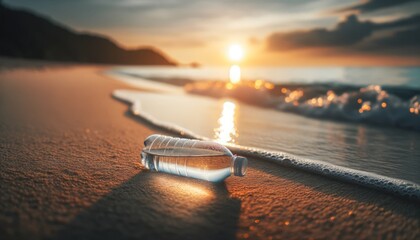 A clear water bottle laying on its side on a sandy beach, with gentle waves coming in and a sunset over the ocean in the background. - obrazy, fototapety, plakaty