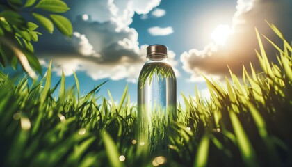A reusable water bottle, half full, placed among vibrant green grass, under a clear blue sky with fluffy white clouds. - obrazy, fototapety, plakaty