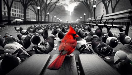 Fotobehang A vivid red cardinal among a flock of gray pigeons, highlighting the contrast between the vibrant red and the monochrome background. © FantasyLand86