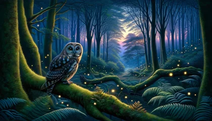 Foto op Plexiglas A detailed and enchanting scene set in a dense forest at twilight. © FantasyLand86