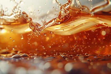 Apple juice or cider or beer or lemonade splash. Beautiful realistic background with liquid golden flowing fluid. 
